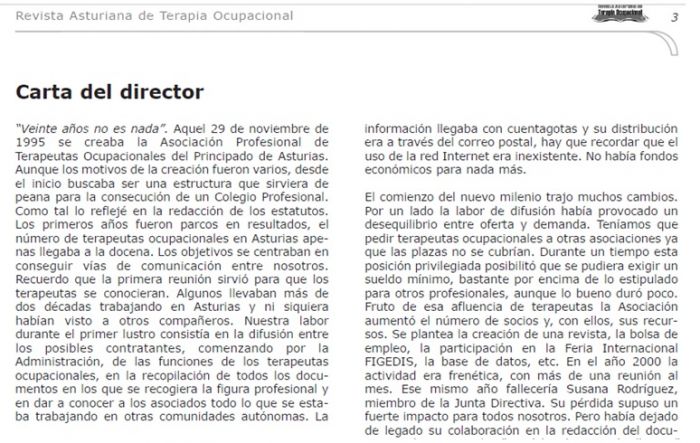 CARTA DEL DIRECTOR REVISTA NÚMERO 12 REVISTA ASTURIANA DE TERAPIA OCUPACIONAL
