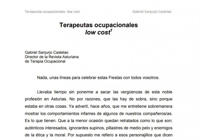 TERAPEUTAS OCUPACIONALES LOW COST . Gabriel Sanjurjo Castelao