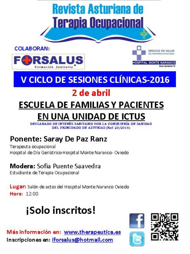 V CICLO DE SESIONES CLINICAS REVISTA ASTURIANA DE TERAPIA OCUPACIONAL