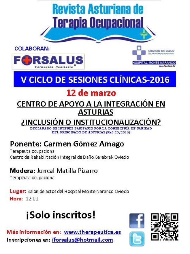 V CICLO DE SESIONES CLINICAS REVISTA ASTURIANA DE TERAPIA OCUPACIONAL